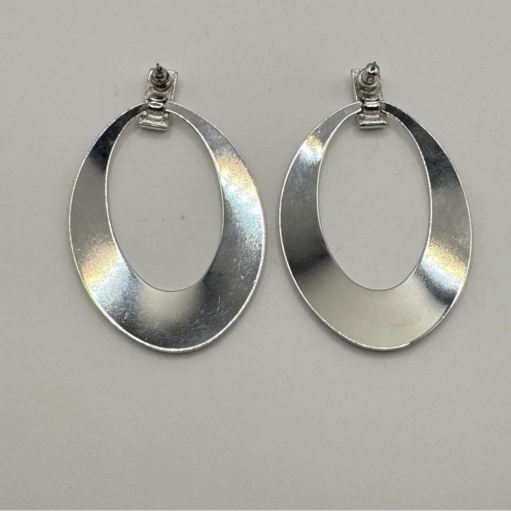 Monet Signed Designer Long Silver Tone Modernist Dangle Earrings